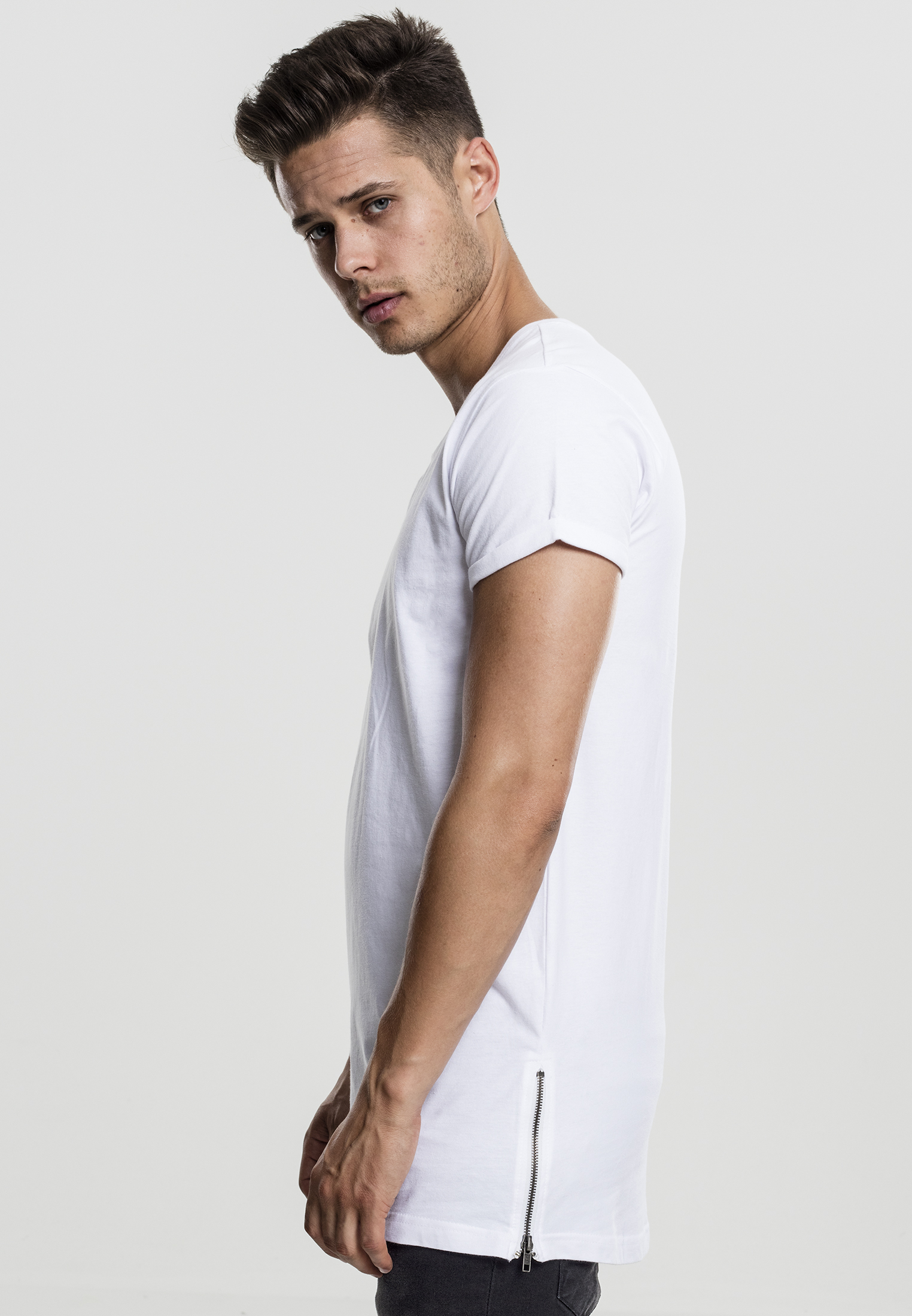 Long Tees Long Shaped Side Zip Tee in Farbe white