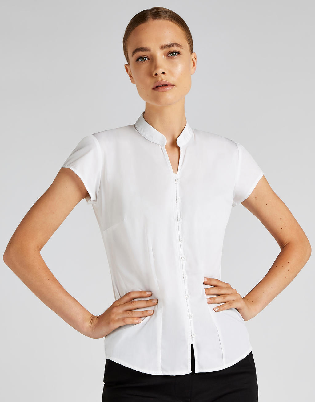  Womens Tailored Fit Mandarin Collar Blouse SSL in Farbe White