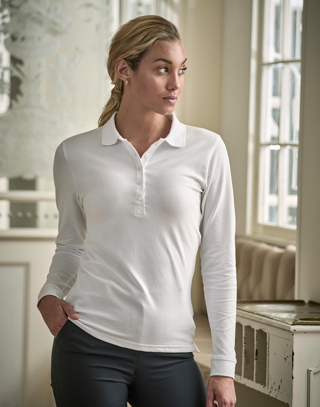  Ladies Luxury LS Stretch Polo in Farbe White