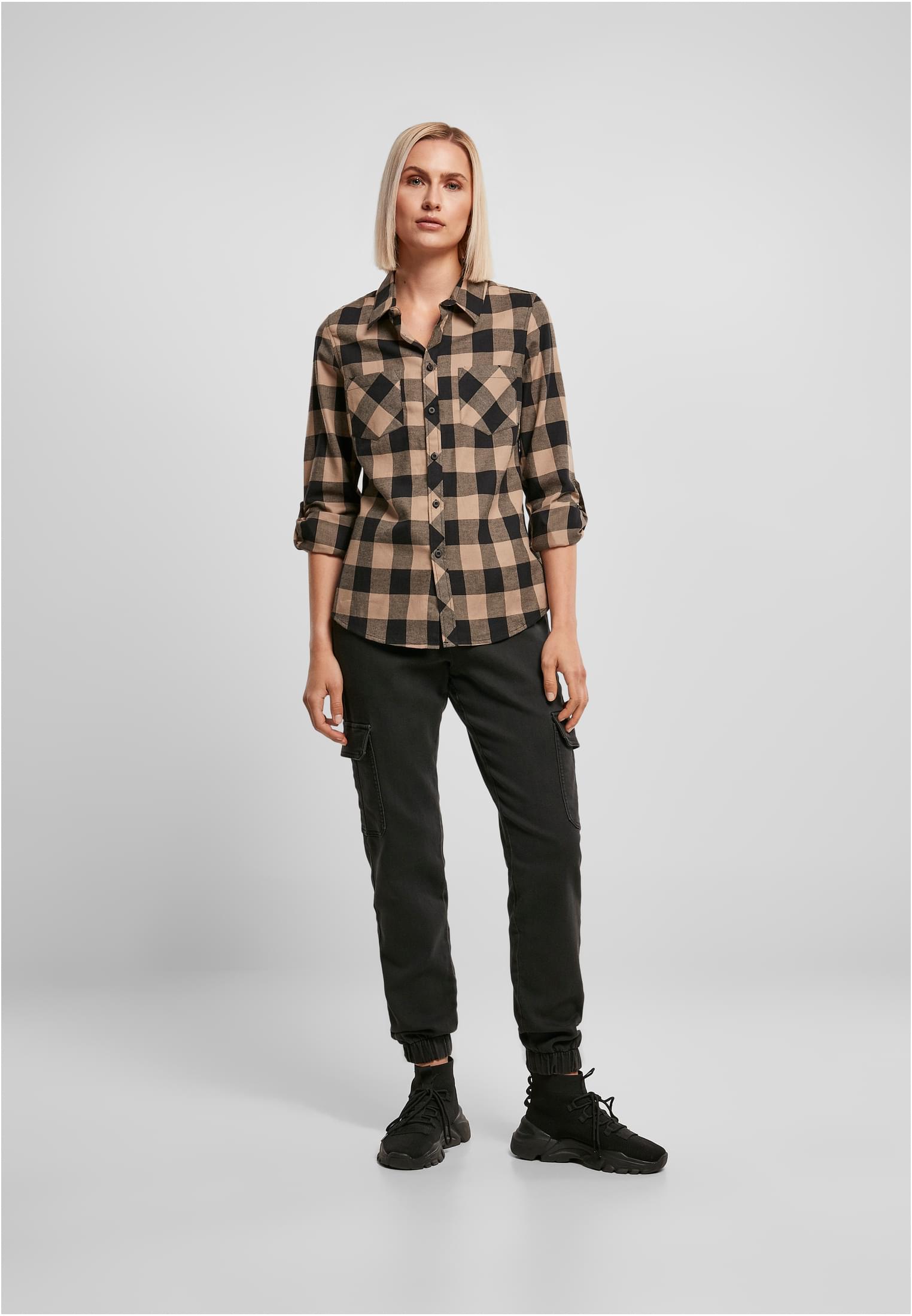 Damen Ladies Turnup Checked Flanell Shirt in Farbe black/softtaupe