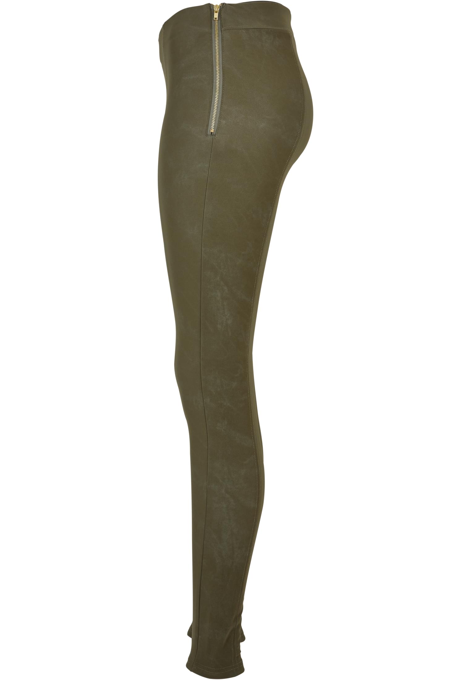 Damen Ladies Washed Faux Leather Pants in Farbe olive