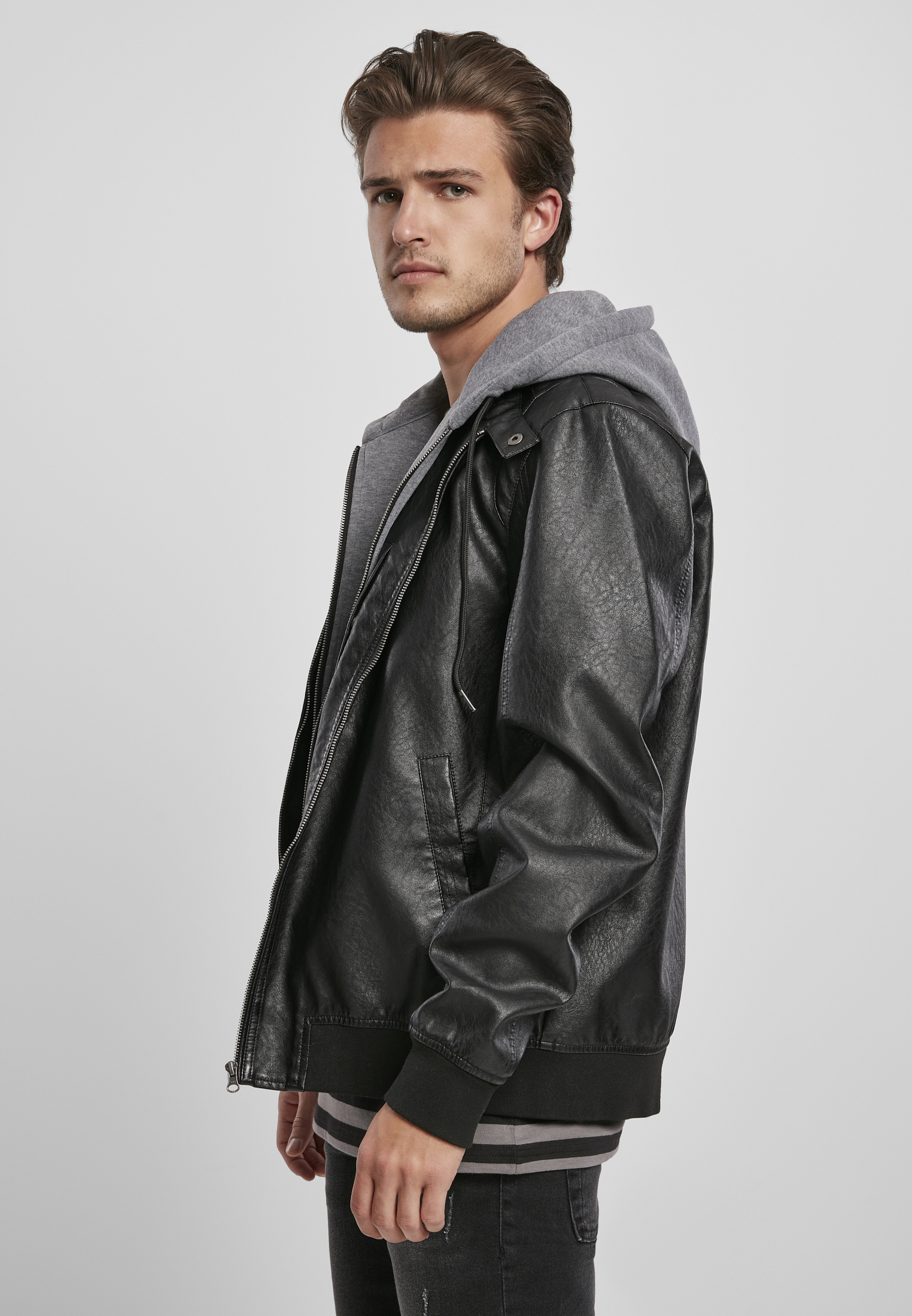 Light Jackets Fleece Hooded Fake Leather Jacket in Farbe black/grey